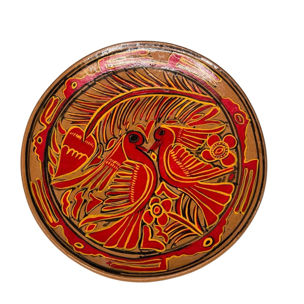 Vintage Mexican Folk Art Hand Painted Red Birds Clay Pottery Shallow Bowl Tray